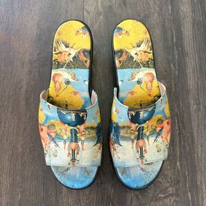 Vtg ICON Art Leather Slide Sandals Hieronymus Bosch Garden Earthly Delights 9.5